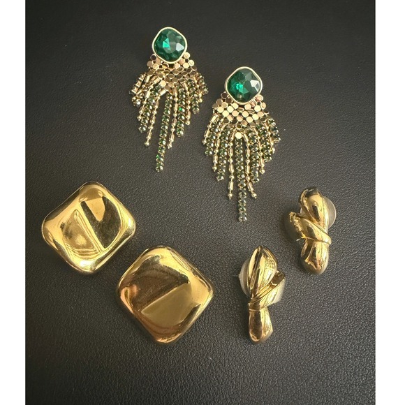 Jewelry - Vintage Earrings Lot 80s Pop Glam Gold Tone Green